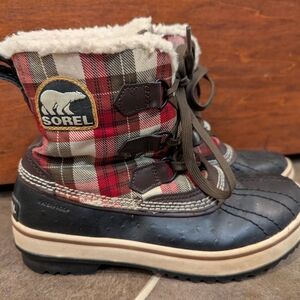 Sorel Tivoli Red Leather Plaid Sherpa Duck Snow Boots Womens Size 6